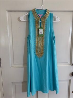 Lilly Pulitzer Turquoise Shift Dress with Gold Embroidery
